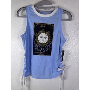 No Boundaries Tarot Sun Graphic Lace Up Side Tank Top Blue Medium NWT‎